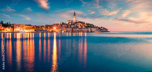 Vászonkép Wonderful spring sunrise in Rovinj town, Croatian fishing port on the west coast of the Istrian peninsula