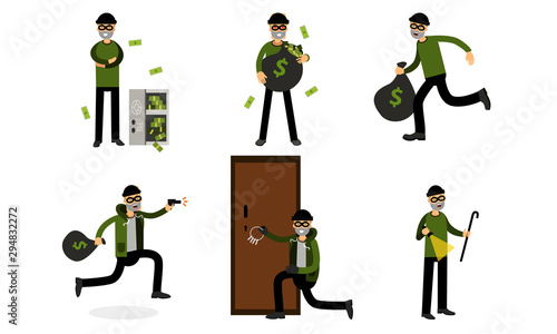 Cartoon Burglar Character In Vector Illustration Set Isolated On White Background