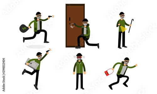 Cartoon Thief Character In Vector Illustration Set Isolated On White Background