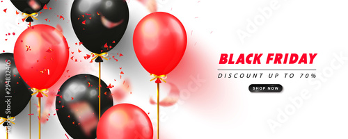 Black friday sale promotional banner with black and red balloons and flying serpentine on white background. Modern design.Universal vector background for poster, flyers, card.