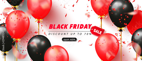 Black friday sale advertising poster with black and red balloons and flying serpentine on white background. Modern design.Universal vector background for banners, flyers, card.