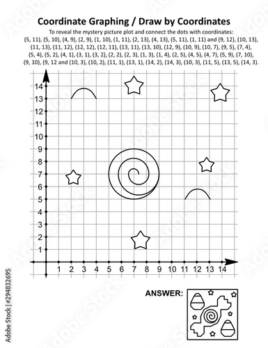 Coordinate graphing, or draw by coordinates, math worksheet with Halloween candies: To reveal the mystery picture plot and connect the dots with given coordinates. Answer included.