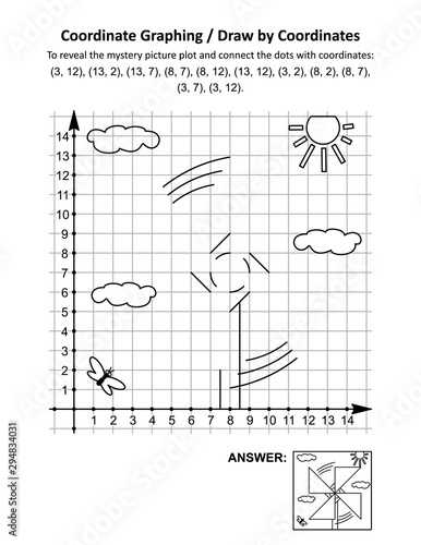 Coordinate graphing, or draw by coordinates, math worksheet with pinwheel toy: To reveal the mystery picture plot and connect the dots with given coordinates. Answer included.