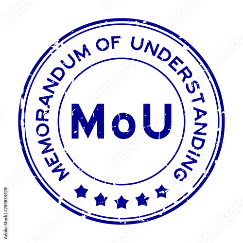Grunge blue MOU (abbreviation of memorandum of understanding) word round rubber seal stamp on white background