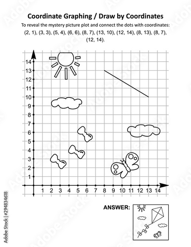 Coordinate graphing, or draw by coordinates, math worksheet with flying kite: To reveal the mystery picture plot and connect the dots with given coordinates. Answer included.