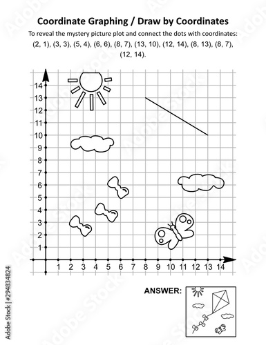 Coordinate graphing, or draw by coordinates, math worksheet with flying kite: To reveal the mystery picture plot and connect the dots with given coordinates. Answer included.