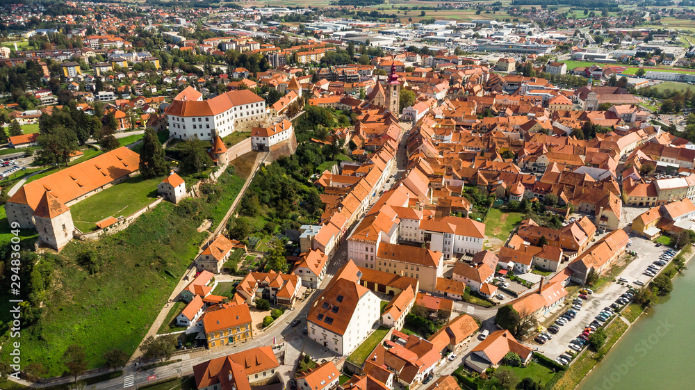 Aerial Drone View over Ptuj Grad in Slovenia at Sunny Day