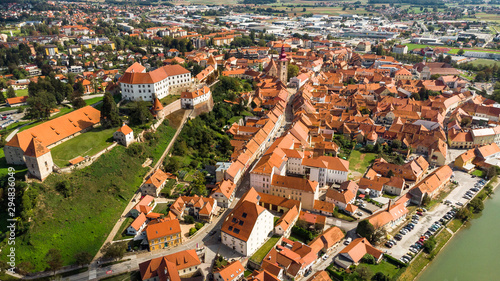 Aerial Drone View over Ptuj Grad in Slovenia at Sunny Day