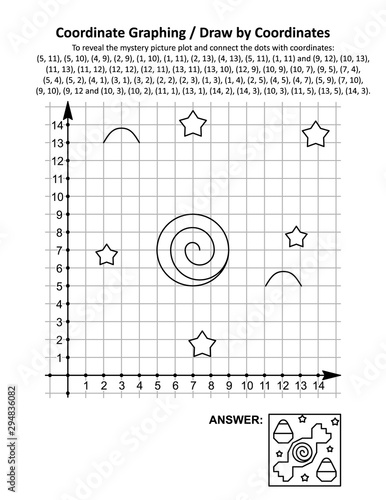 Coordinate graphing, or draw by coordinates, math worksheet with Halloween candies: To reveal the mystery picture plot and connect the dots with given coordinates. Answer included.