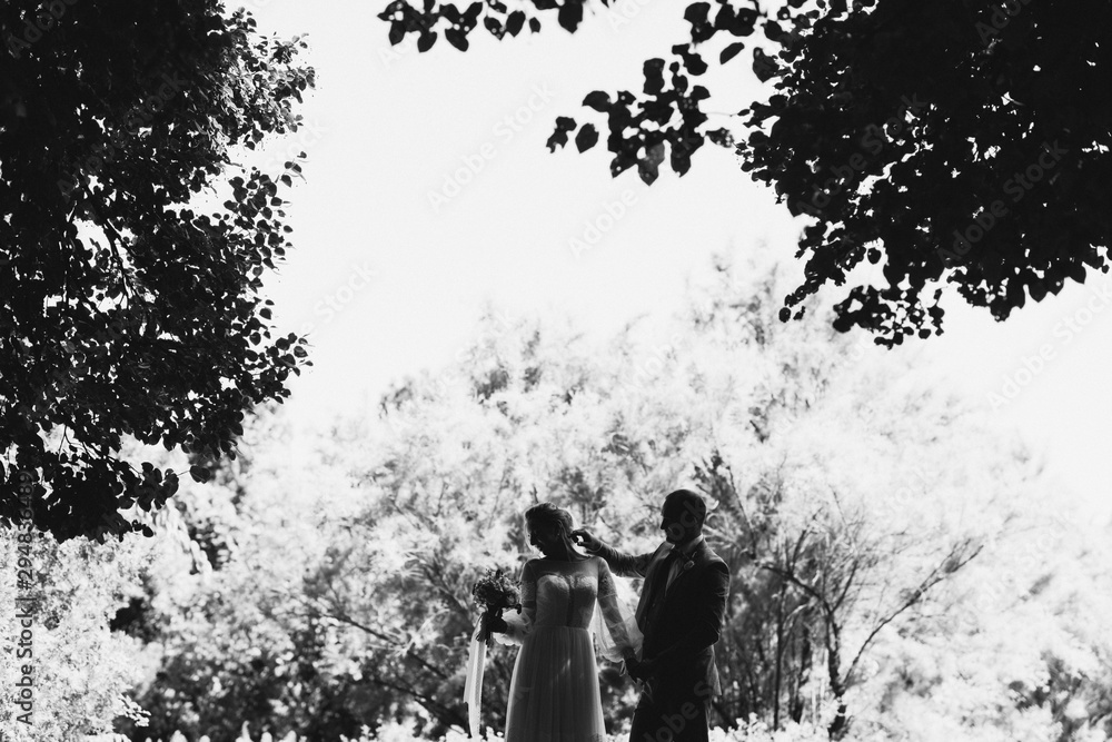 Love on wedding day. Black and white silhouettes of stylish caucasian bride and groom.