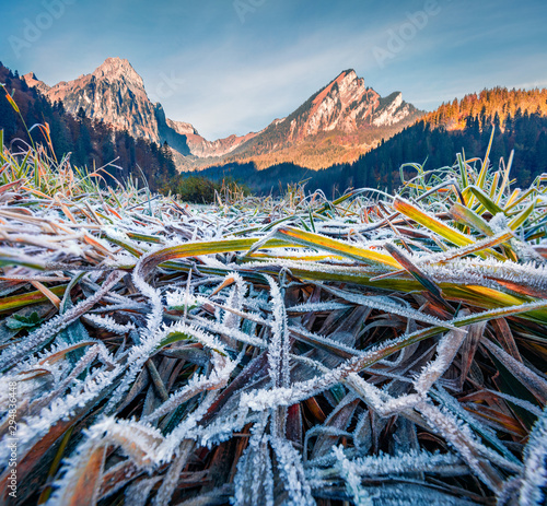 Frosty morning scene of Obersee lake valley with Brunnelistock peak. Stunning autumn view of Swiss Alps, Nafels village location, canton of Glarus, Switzerland, Europe. photo