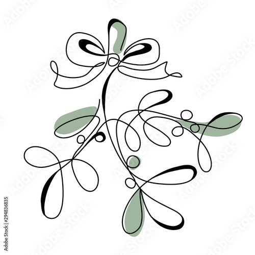 Continuous line drawing mistletoe branch with berries and gift bow. Modern one line abstract art, aesthetic contour. Christmas card, print design. Vector illustration