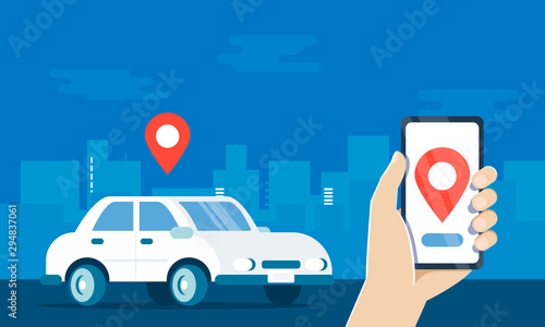 Carsharing service cartoon vector illustration. Urban city landscape, geolocation mark, car and smartphone . Application with Choice of Different Vehicles. Hand Holding mobile Phone with app on screen