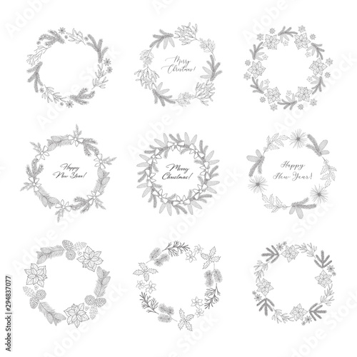 Winter wreaths with evergreen plant and branches.