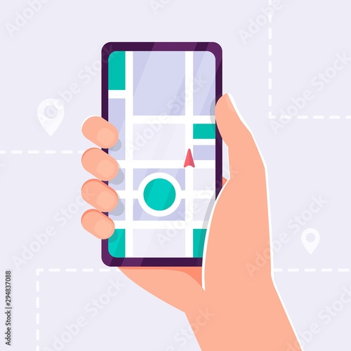 hand holding phone with map and location marker. Mobile gps navigation and tracking concept. Location track app on touch screen smartphone. Flat vector cartoon illustration for web sites, banners.