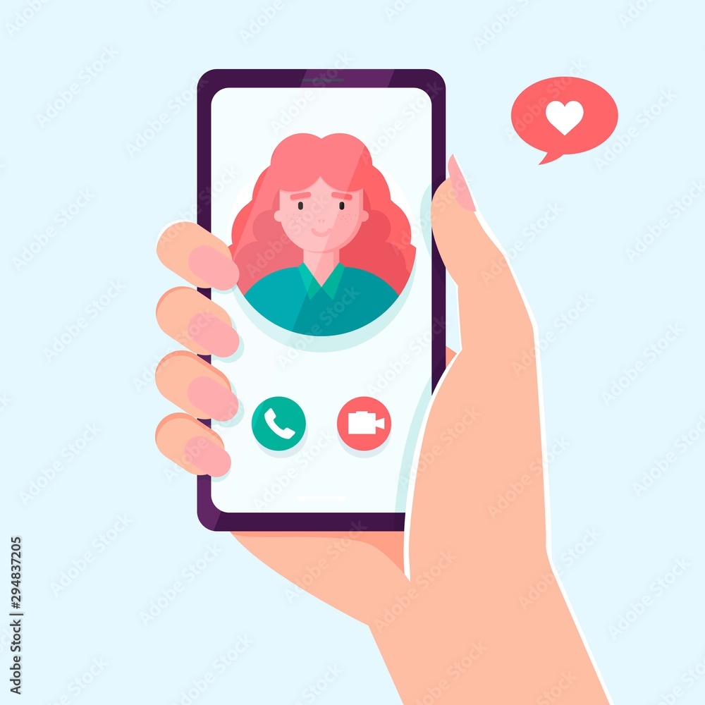 flat cartoon video player app on smartphone screen with speaking happy girl and speech bubble with heart on phone concept of online chat app, internet talk call. vector illustration, Stock Vector | flat cartoon video player app on smartphone screen with speaking happy girl and speech bubble with heart on phone concept of online chat app, internet talk call. vector illustration, Stock Vector |