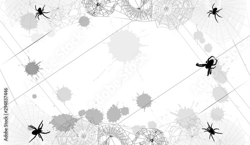background with spiders in grey webs and blots isolated on white