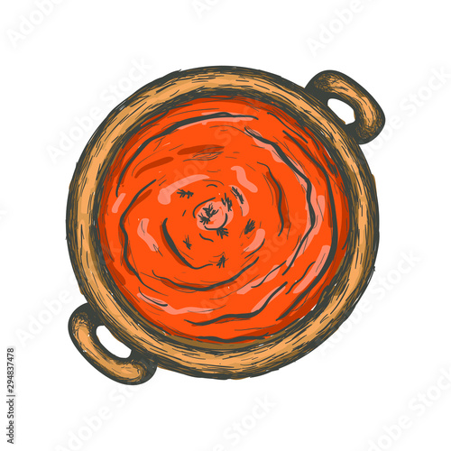 Pumpkin soup meal, hand drawn vector illustration, isolated vintage design element.