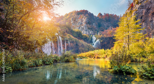 Fototapeta Naklejka Na Ścianę i Meble -  Attractive morning view of pure water waterfall in Plitvice National Park. Amazing autumn scene of Croatia, Europe. Abandoned places of Plitvice lakes series. Beauty of nature concept background.