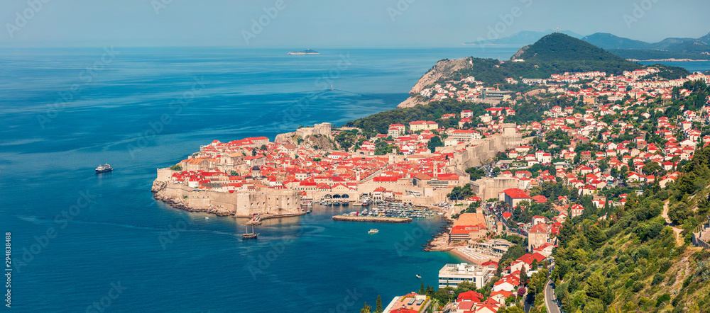 Panoramic morning view of Dubrovnik city. Picturesque summer scene of Croatia, Europe. Beautiful world of Mediterranean countries. Traveling concept background.