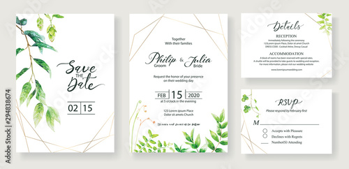 Wedding Invitation, save the date, thank you, rsvp card Design template. leaves. leaf. Vector.