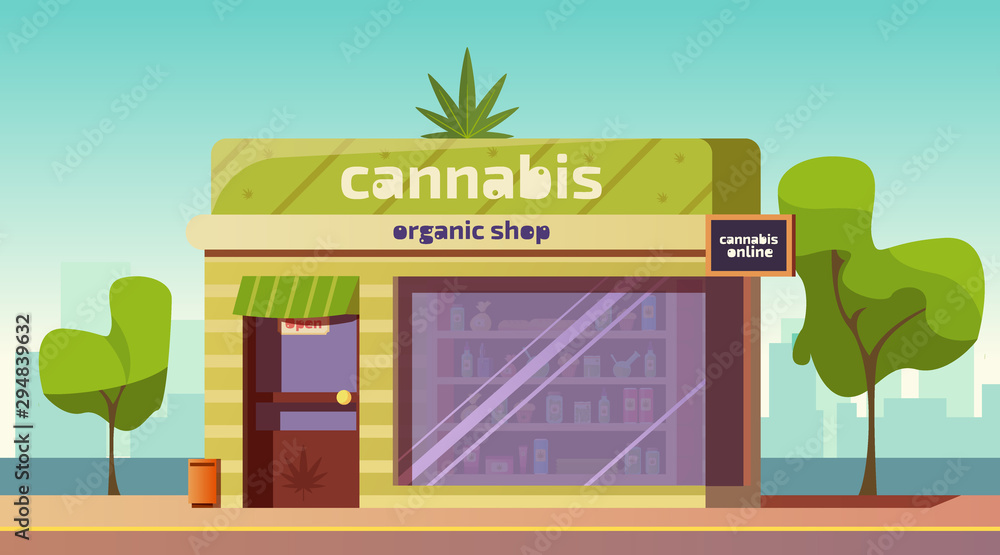 Cannabis store, marijuana organic shop building front view with equipment and accessories for smoking standing on showcase, cbd products online order service, weed purchase Cartoon vector illustration