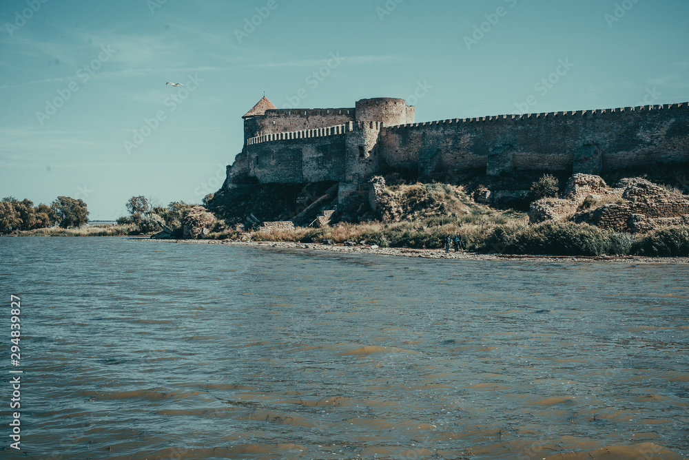 Akkerman fortress view from Dniester estuary, liman. Medieval architecture. Architectural monument. Odessa tourism. Europe sightseeing tour. Copyspace. Tourist attraction. Discover travel to Ukraine