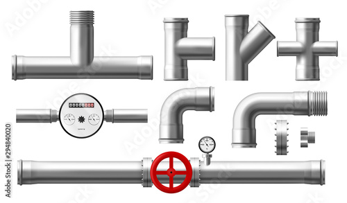 Water counter, pressure regulator, stainless steel, metallic pipes set, plumbing fittings, pipeline, house sewer bolted sections, parts isolated on white background. Realistic 3d vector illustration photo