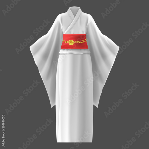 Kimono, yukata traditional japanese woman dress isolated on grey background. White cotton clothing with long sleeves, red wide belt and flower decoration on waist. Realistic 3d vector illustration