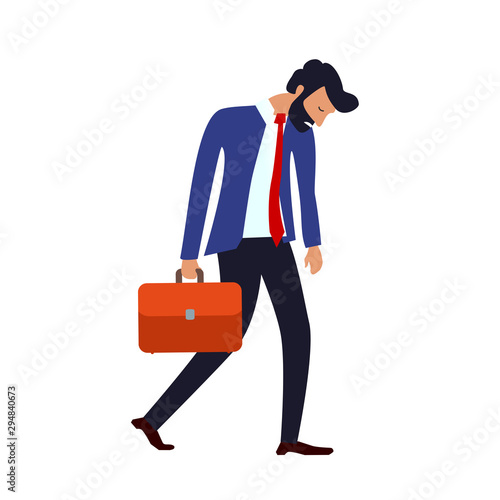 concept of burnout at work or drooping state after failure at work. drooping bearded man in a suit with a red tie walks dejectedly