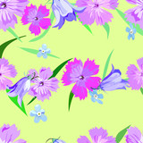 Seamless - pattern, carnations, bells, forget-me-nots. Wildflowers. Wallpaper, print.  Yellow background.