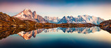 Panoramic autumn view of Cheserys lake with Mount Blank on background, Chamonix location. Magnificent outdoor scene of Vallon de Berard Nature Preserve, Alps, France, Europe.
