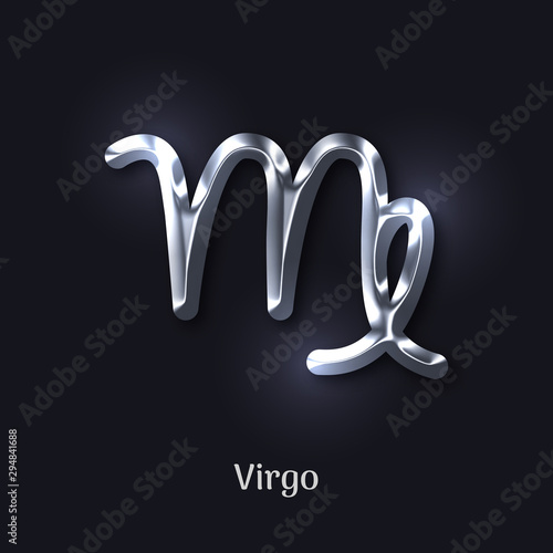 Virgo silver zodiac sign on black background. Star sign for astrology horoscope prediction. Luxury zodiac stylized symbol. Realistic silver design of horoscope constellation vector illustration