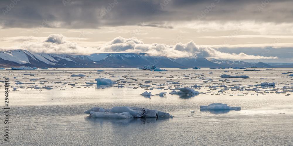 Glaciers, ice, glacier fronts morains the landscape of Spitsbergen.