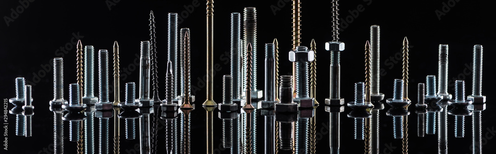 panoramic shot of diverse spotless metallic screws isolated on black - obrazy, fototapety, plakaty 