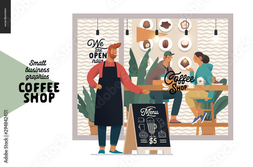 Coffee shop -small business illustrations -cafe owner -modern flat vector concept illustration of a coffee shop owner in front of the shop facade, visitors inside, pavement sign - blackboard with menu