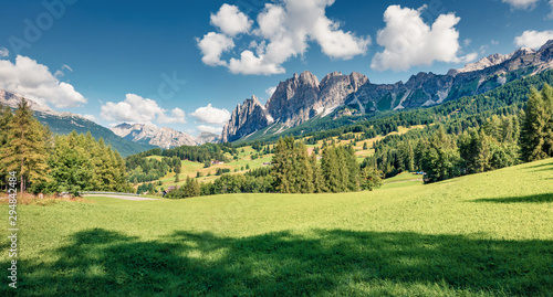 Sunny morning view of Cortina d’Ampezzo resort. Bright summer scene of Dolomiti Alps, Province of Belluno, Italy, Europe. Beauty of countryside concept background. © Andrew Mayovskyy