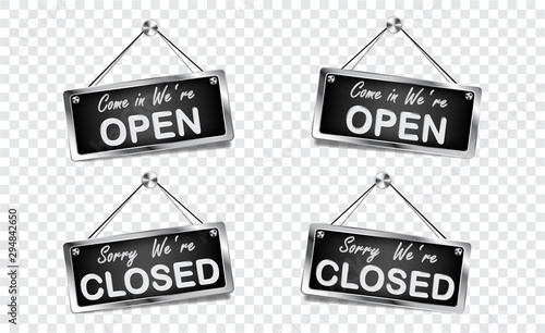 Label vector open and closed set hanging chromium and metal style using as a component about business transparency grid background