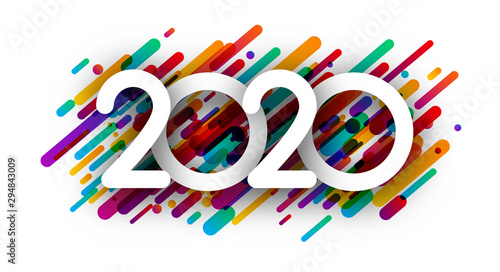 New Year 2020 sign with colorful paint strokes on white background.