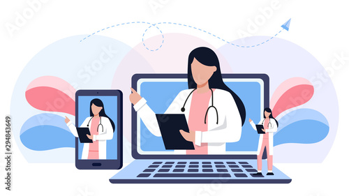 Online medical consultation and support set. Online doctor. Healthcare services, Ask a doctor. Family female doctor, gynecologist with stethoscope on the laptop and phone screen. Full length of doctor