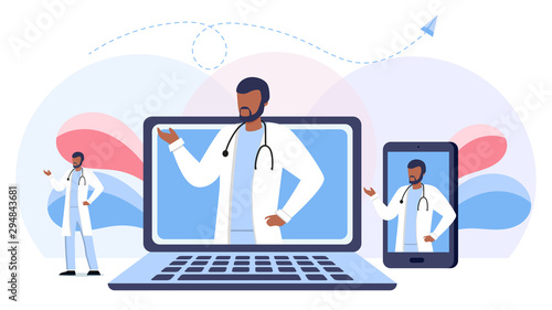 Online medical consultation and support set. Online doctor. Healthcare services, Ask a doctor. Family doctor, therapist with stethoscope on the laptop and phone screen. Full length of doctor