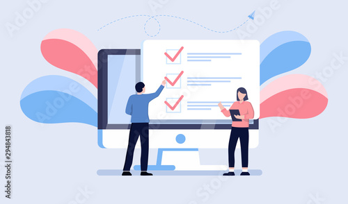 Online form survey on computer vector illustration, flat cartoon desktop pc showing exam paper sheet document icon, student and teacher talking about results