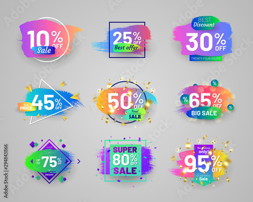 Bright retail labels set with colorful paintbrush strokes. Weekend discount propositions stickers. Flat gradient design isolated on gray background. Commercial advertisement and promotion campaign.