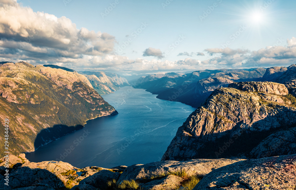 Great summer view of Lysefjorden fjord, located in the Ryfylke area. Splendid morning scene of Norway, Europe. Beauty of nature concept background.