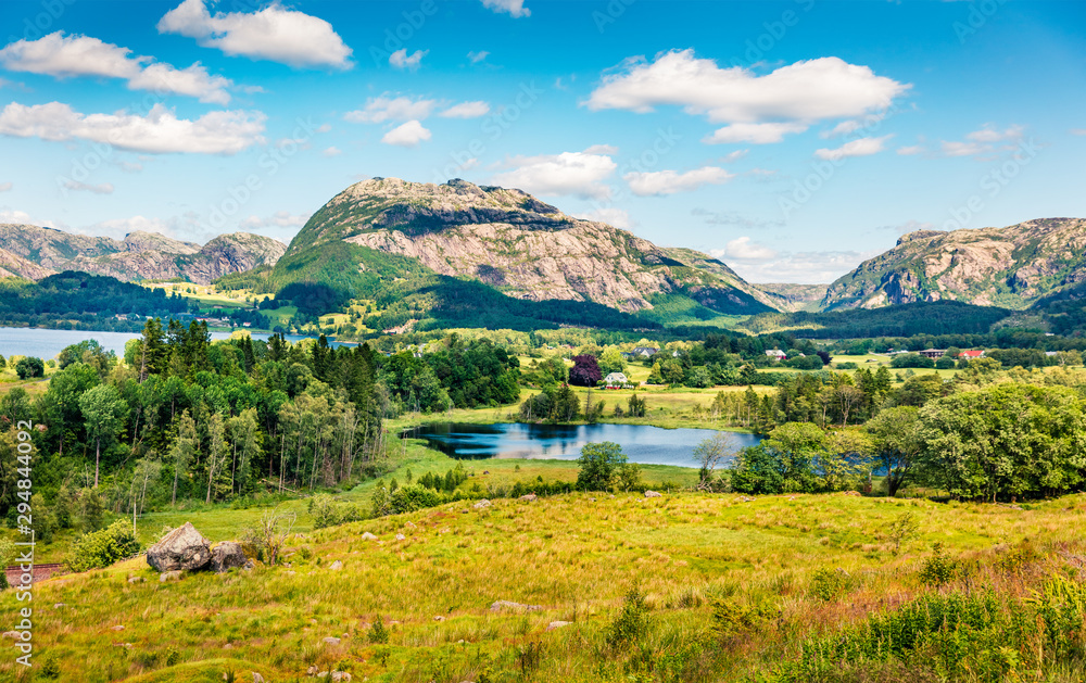Splendid countryside Norwegian landscape. Colorful summer morning in Norway, Europe. Beauty of nature concept background.