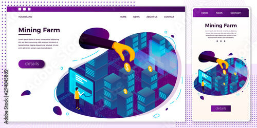 Vector online cryptocurrency mining farm web set