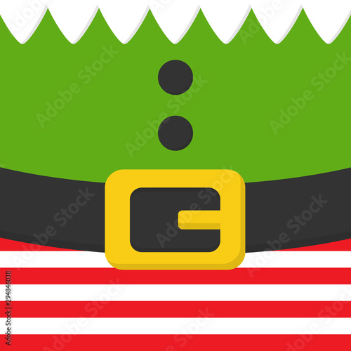 Christmas elf vector illustration. Festive elf body, clothes simple square icon. White collar, green shirt with buttons, red and white striped pants with black belt with yellow, gold buckle.