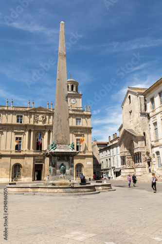  Place de la Republique, fountain and city hall in Arles. Bouches du Rhone, France.