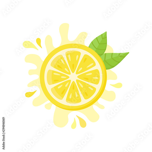 Lemon vector icon, flat illustration. Yellow fresh half cut lemon with squeezed juice behind and green leaves. Isolated.