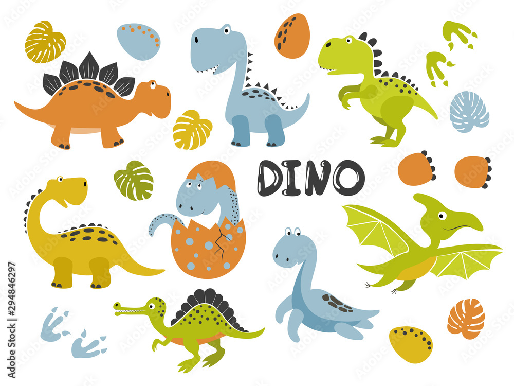 Set of funny cartoon dinosaurs for kids. Vector illustration. Set of funny cartoon dinosaurs for kids. Vector illustration.